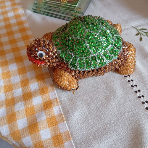 Handmade turtle decoration with sequins and beads, new