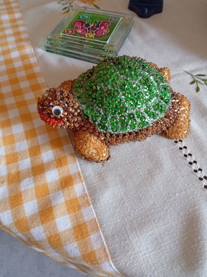 Handmade turtle decoration with sequins and beads, new
