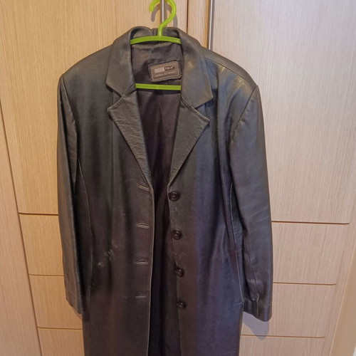 Leather long women's jacket used, size large, black