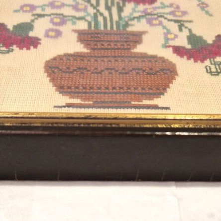 Vintage handmade embroidery with flowers in wooden frame 22x18 cm like new