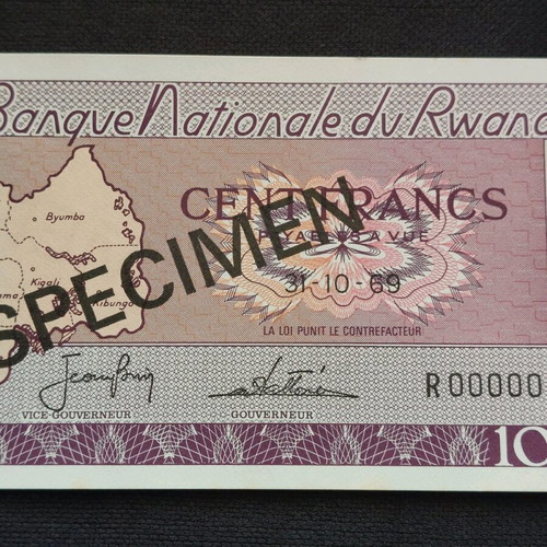Rwanda 100 Amafranga 1969 specimen banknote new