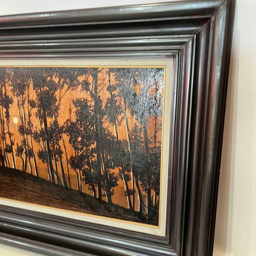 Vintage pyrography wall art with forest scene and artist signature 57x72