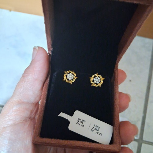 14K Yellow Gold Earrings with 14 Natural Diamonds, New
