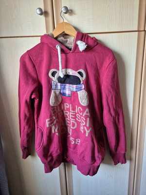 Unisex hoodie with bear like new, burgundy, size 158 loose fit