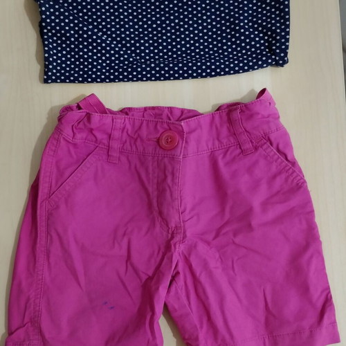 Children's blue polka dot cotton blend blouse and purple Benetton shorts set