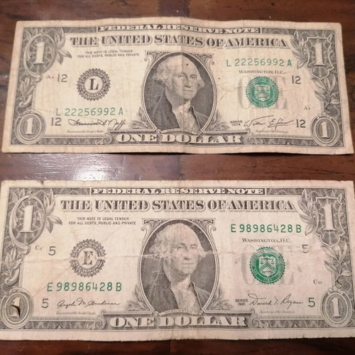 USA 2 used $1 banknotes (1974 & 1981)
