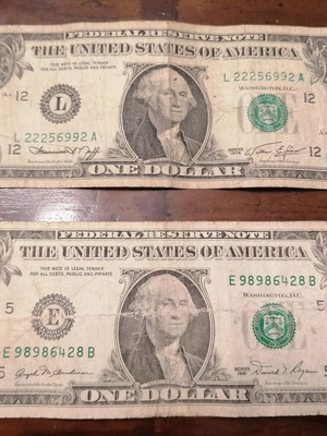 USA 2 used $1 banknotes (1974 & 1981)