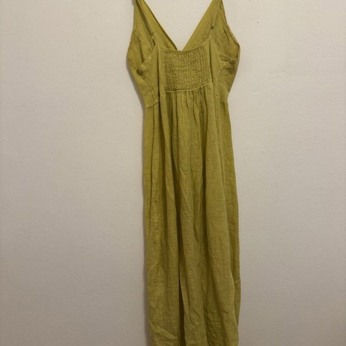 Yellow linen Italian dress midi with slit and wooden buttons, like new