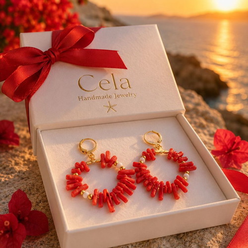 Handmade Hoop Earrings with Natural CORALS. Steel clasp hoop