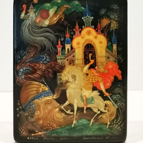 Russian lacquer box used with hand-painted Ruslan and Ludmila design