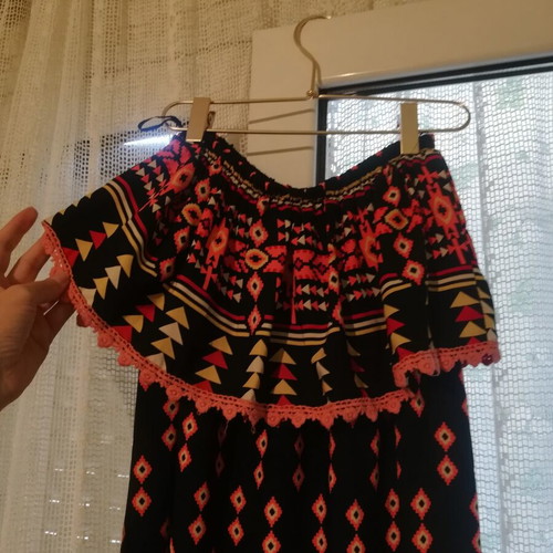 Strapless dress with Prive pattern used, black and orange, small-medium