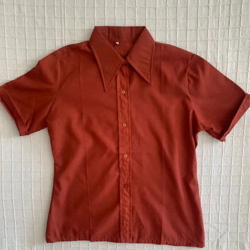 70s Shirt used, M/L, brown and red, stiff fabric