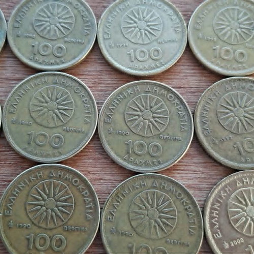 Greek 100 Drachma coins used, set of 12 from 1990 to 2000