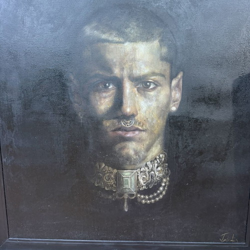 M. Tsakountis portrait oil painting in triple frame