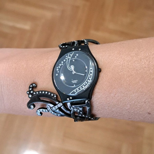 Swatch jewelry watch black with stones like new