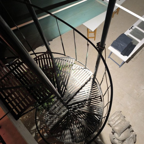 Iron spiral staircase, outdoor, green cypress color