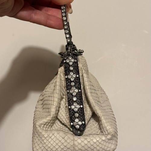 Vintage leather Besso evening bag with rhinestones like new, white