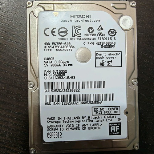 Hitachi 640GB 2.5" SATA hard drive used for laptop