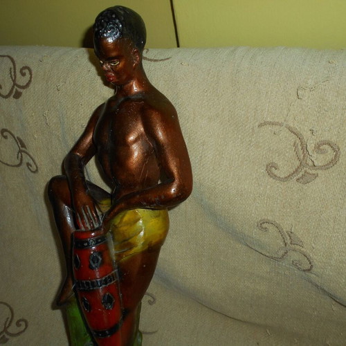 Tympanist statue used, 1950s, painted plaster, height 44 cm