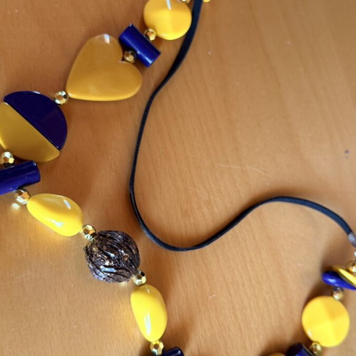 Long necklace, purple and yellow, 43 cm