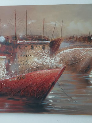 Modern embossed painting of harbor with anchored ships new