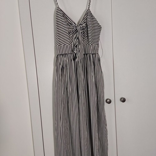 Zara striped linen mix midi dress XS used with straps and pockets