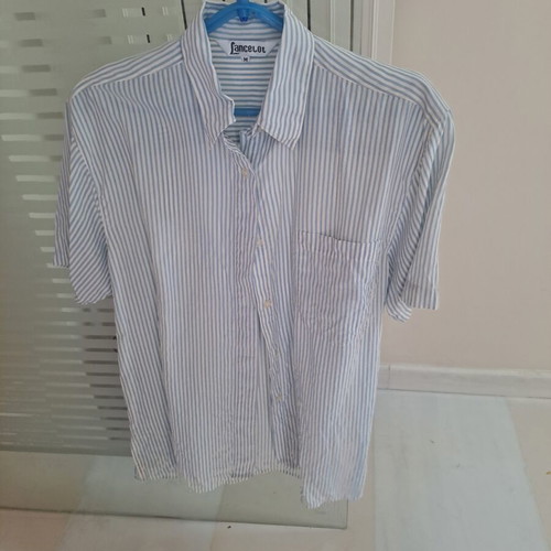 Silk short-sleeve shirt medium, like new, striped white and blue