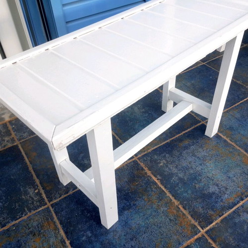 Handmade white solid wood bench-stool refurbished from France