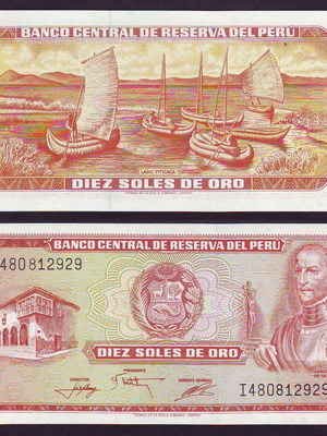 Περού 10 Soles de Oro χαρτονόμισμα καινούργιο, 17.11.1976 P-112 UNC