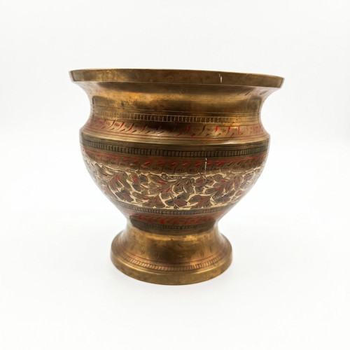 Vintage brass decorative vase with engraved motifs and enamel