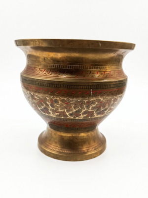 Vintage brass decorative vase with engraved motifs and enamel