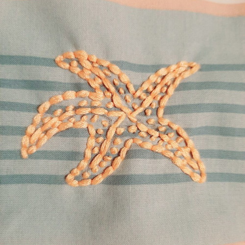 Decorative pillow with golden hand embroidery and sea motifs, new