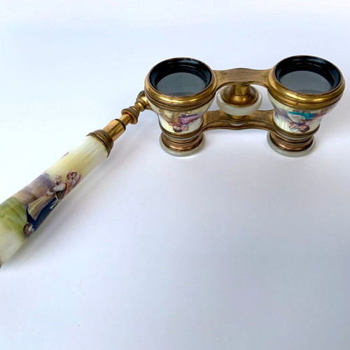 Porcelain brass mother of pearl opera glasses used antique French c.1850-1900