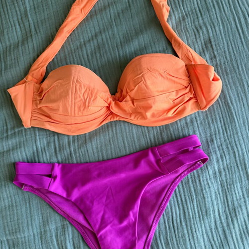 Bikini like new, fuchsia bottom XS, orange strapless top 75b