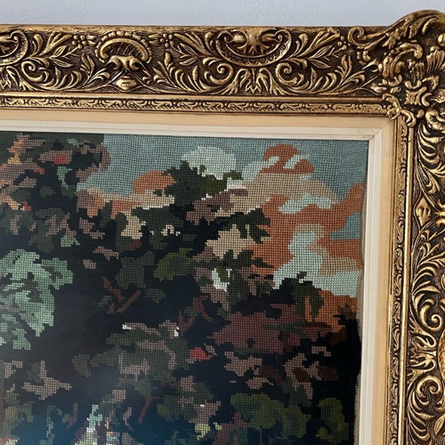 Antique painting handmade embroidery rural landscape like new