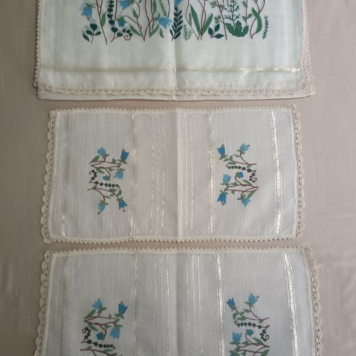 Handmade table linen set hand-painted with blue-ciel flowers like new