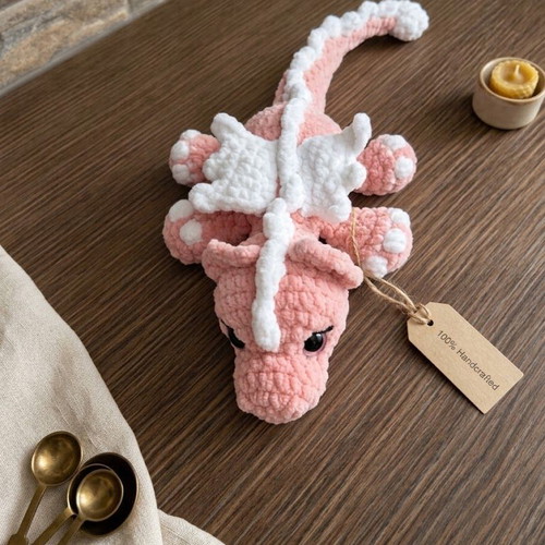 Handmade plush dragon pink and white, 32 cm, new