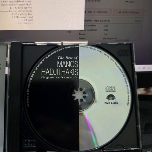 Manos Hadjithakis instrumental music CD like new, entechno