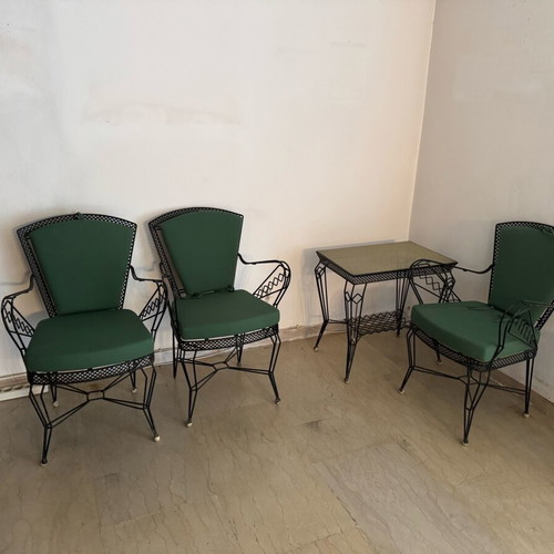 Outdoor set table and 3 ferforje metal chairs with cushions used