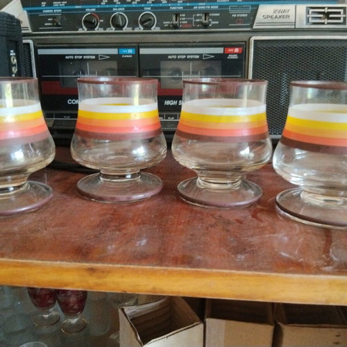 Set of 4 retro authentic glass brandy glasses with colored stripes