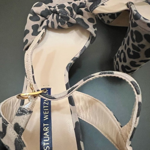 Stuart Weitzman Leopard Print Sandals 37.5 New, Pink-Beige