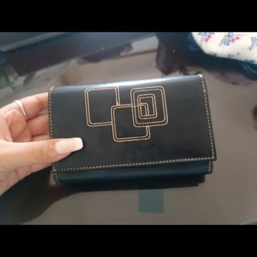 Vintage black leather wallet used with embroidery and multiple compartments