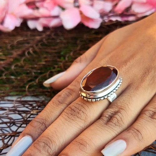 Retro ring with red stone and silver plating, size 57
