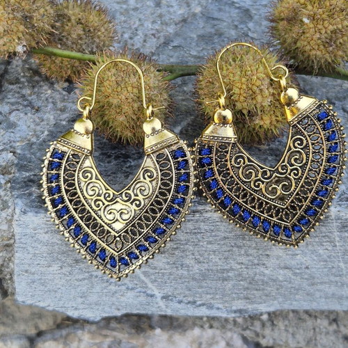 Bohemian ethnic style carved heart earrings blue and gold, new
