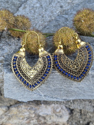 Bohemian ethnic style carved heart earrings blue and gold, new