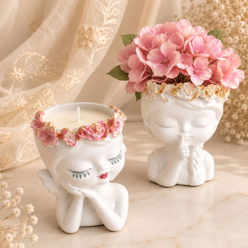 Figurines of Girls with Candle and Flowers, New, Set of 2