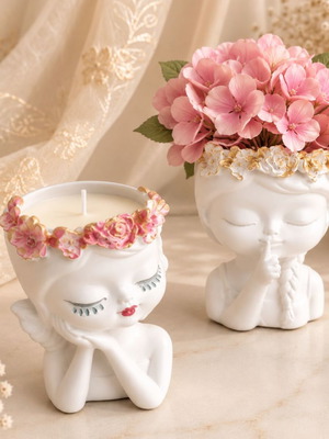Figurines of Girls with Candle and Flowers, New, Set of 2