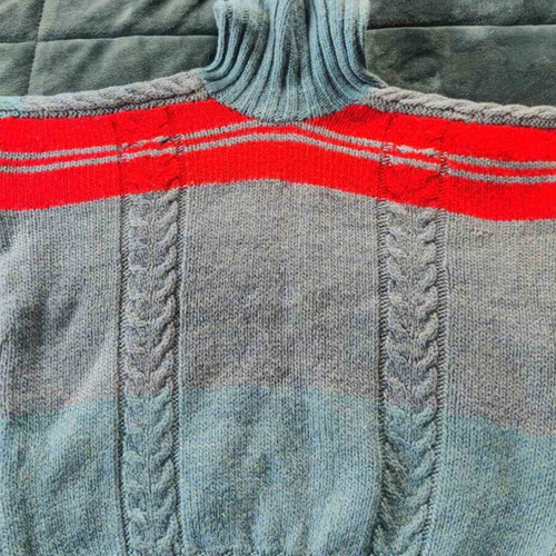 Grey-blue knitted turtleneck with red stripes like new, vintage style