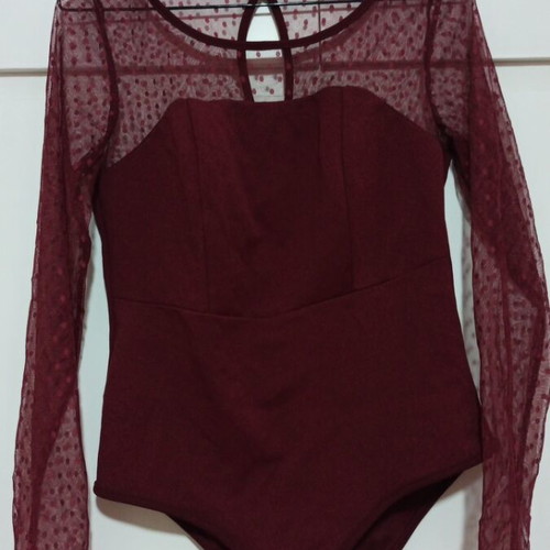 Burgundy bodysuit with transparency and polka dot sleeves, like new