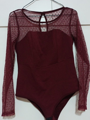Burgundy bodysuit with transparency and polka dot sleeves, like new